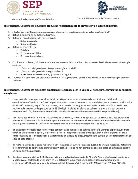 Problemario Unidad 2 Termodinamica Tema II Primera Ley De La