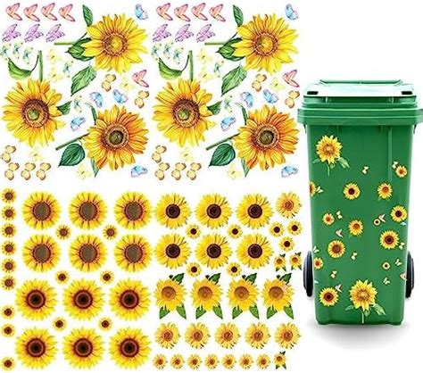 Wheelie Bin Stickers Flowers 4 Sheets Sunflower Dustbin Stickers Self