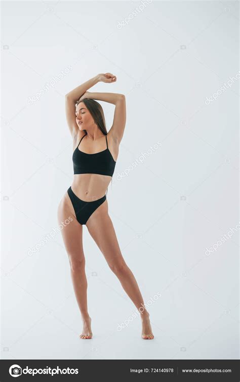 Standing Black Lingerie Woman Underwear Slim Body Type Posing Studio
