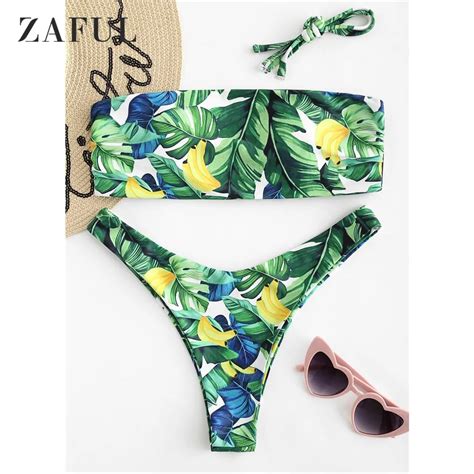 Zaful Palm Leaf Banana Bandeau Bikini Set Swimsuit Women Swimwear Sexy