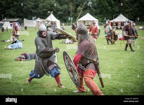 Viking Battle Re Enactment Two Warriors Fight Stock Photo Alamy