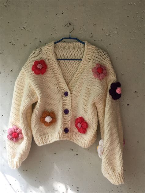 Floral Knit Cardigan Knit Flower Sweater Ready To Ship Knit Etsy