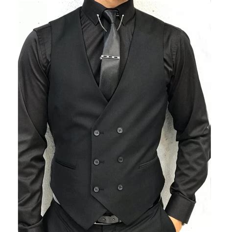 Black Formal Sleeveless Men Vest With Double Breasted One Piece Male