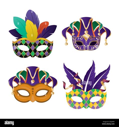 Mardi Gras Masks With Feathers Icon Set Design Party Carnival