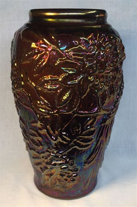 Fenton Art Glass Aubergine Carnival Vase With Raised Tropical Bird Design 2007 Ebay