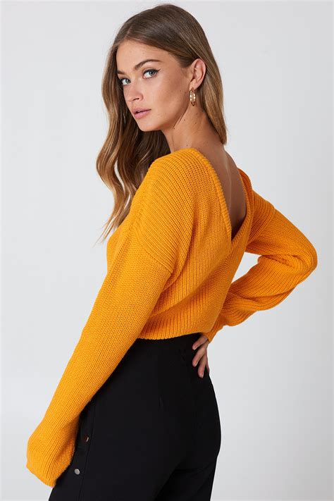 Knitted Deep V Neck Sweater Orange Na Kd