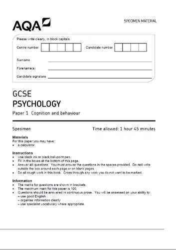 Gcse 9 1 Aqa Psychology Exam Paper And Mark Scheme Teaching Resources