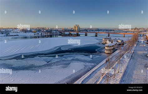 Frozen River With Brigde In Umea Sweden Stock Photo Alamy