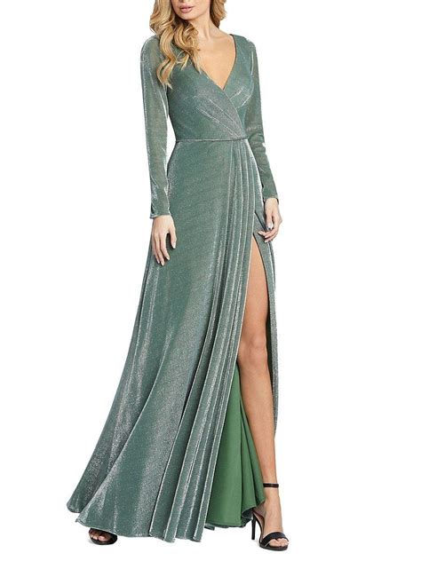 Mac Duggal Metallic Faux Wrap Slit Gown In Green Lyst