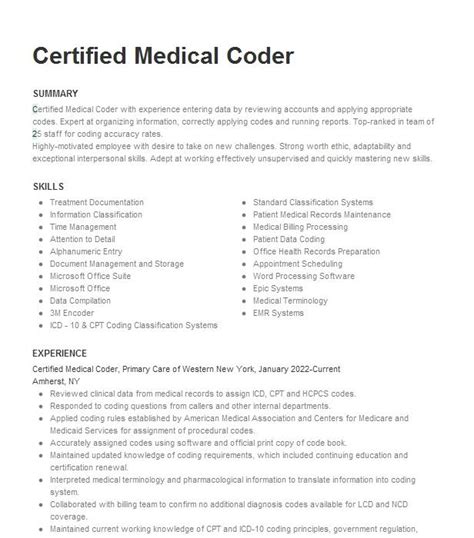 Certified Medical Coder Resume Example