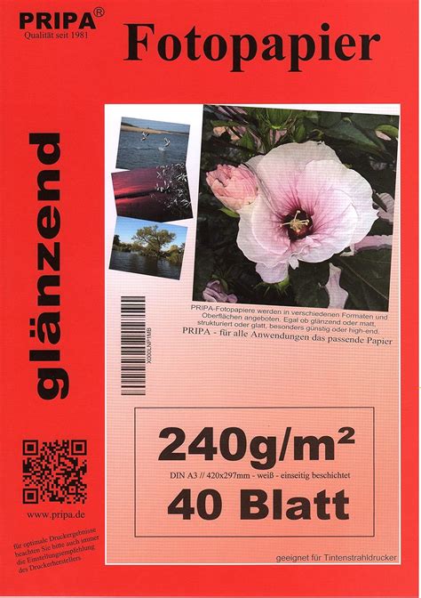 Pripa A3 40 Blatt Fotopapier Photopapier DIN A 3 240g Qm Glossy