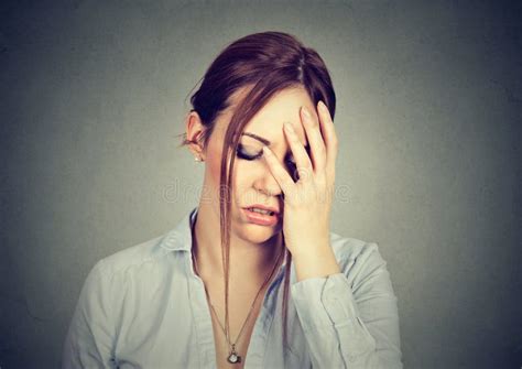 Sad Woman With Worried Stressed Face Expression Looking Down Stock