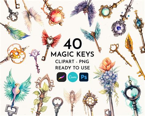 Magic Key Clip Art, Watercolor Key Clipart, Keys With Wings Clipart ...