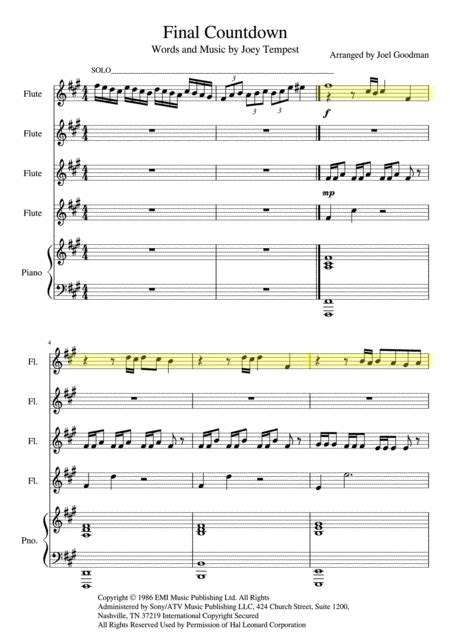 Final Countdown Flute Choir And Piano By Europe Digital Sheet Music For Download And Print