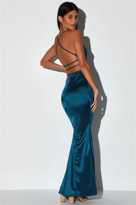 Destined Love Teal Blue Satin Backless Cutout Mermaid Maxi Dress Maxi