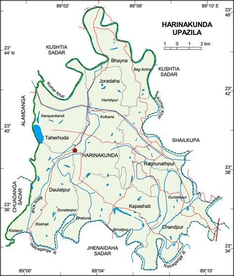 A map of Jhenaidah district showing the study area by using red borders ...