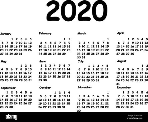 Calendar 2020 Grid Monthly Planning For Year Illustration For