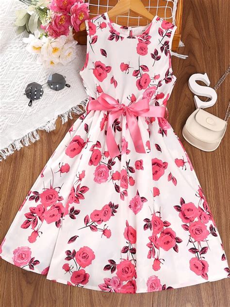 SHEIN Kids CHARMNG Girls Floral Print Belted Dress | SHEIN USA