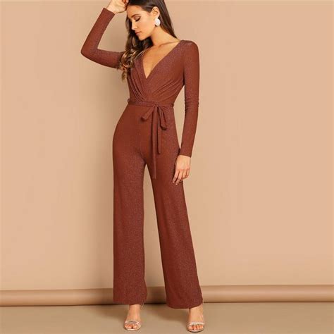 Brown V Neck Self Belted Wrap Jumpsuit Wrap Jumpsuit Jumpsuit