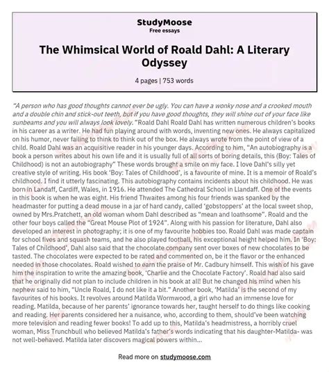 The Whimsical World Of Roald Dahl A Literary Odyssey Free Essay Example