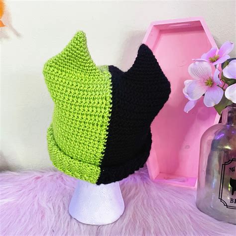 Two Tone Devil Horn Crochet Beanie Color Block Demon Horned Etsy