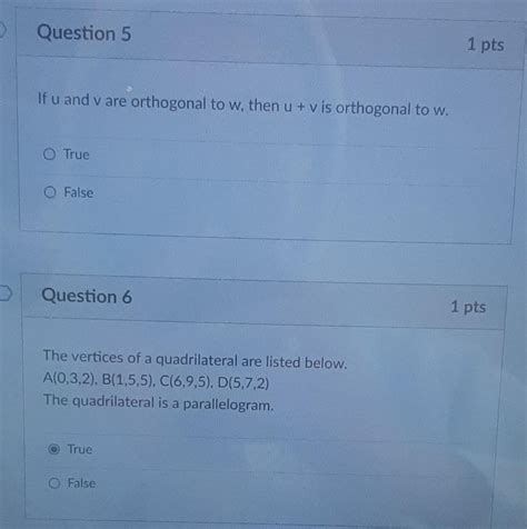 Solved Question 5 1 Pts If U And V Are Orthogonal To W Then