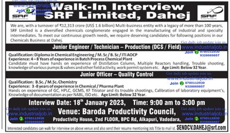 Srf Limited Dahej Bharuch Job Vacancy Interview In Th January