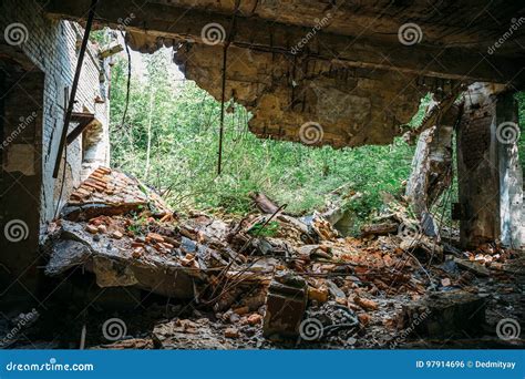 Ruined Brick Wall Collapsing Ceiling Abandoned Building Stock Photo