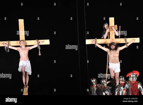 Mystery Of The Passion Actors Reenacting The Crucifixion Of Jesus Christ By Roman Soldiers