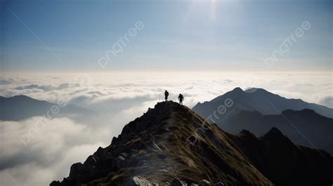 Two People Standing On Top Of Mountain With High Clouds And Blue Sky Background, Climbers ...