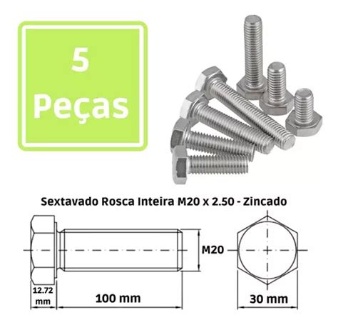 Parafuso Sextavado Rosca Inteira M20 X 100 Zincado 5 Peças MercadoLivre