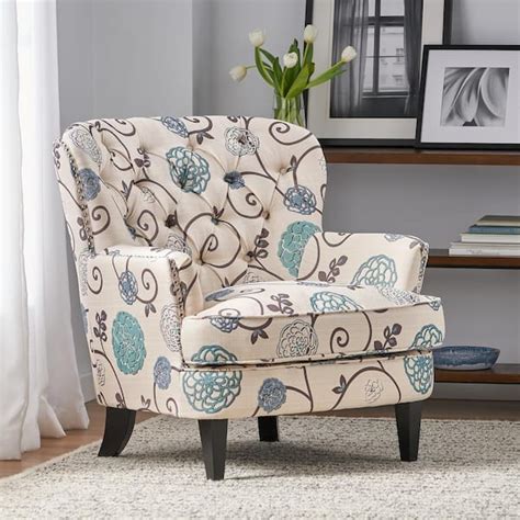 Noble House Tafton White Blue Floral Fabric Club Chair With Tufted