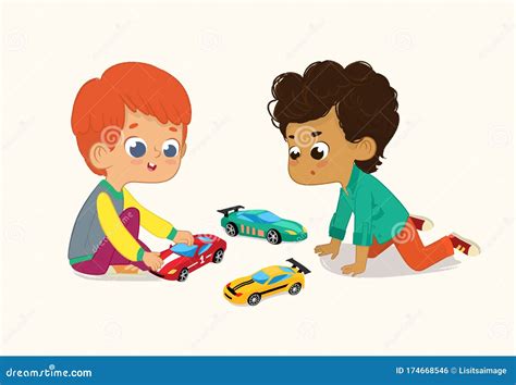 Ilustración De Dos Chicos Lindos Jugando Con Sus Coches De Juguete Un