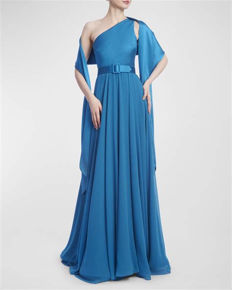 Badgley Mischka Collection One Shoulder Belted Gown With Sash Neiman