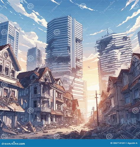 Earthquake Scene With City And Buildings Collapsed Stock Vector