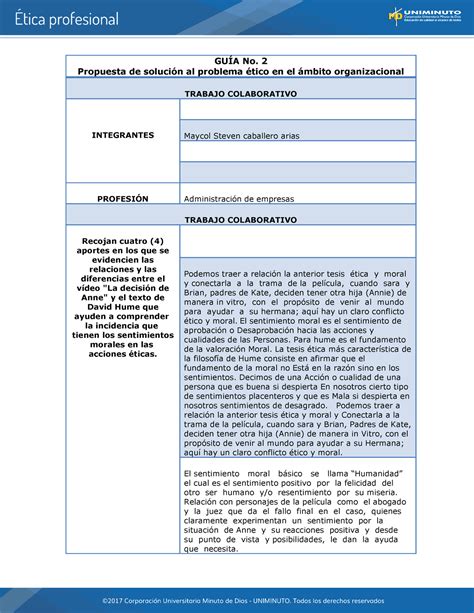 Quia etica profesional GUÍA No 2 Propuesta de solución al problema