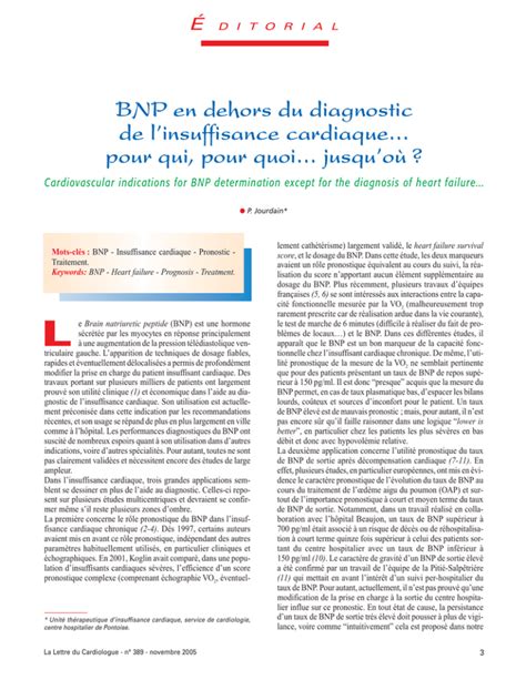 Bnp En Dehors Du Diagnostic De L Insuffisance Cardiaque Pour Qui