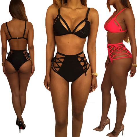 High Waist Women Bikini Solid Backless Swimwear Brazilian Biquini