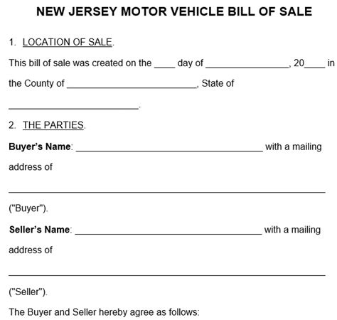 Printable New Jersey Vehicle Bill Of Sale Form Word PDF Excel TMP