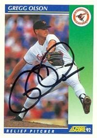 Gregg Olson Autographed Baseball Card Baltimore Orioles Score