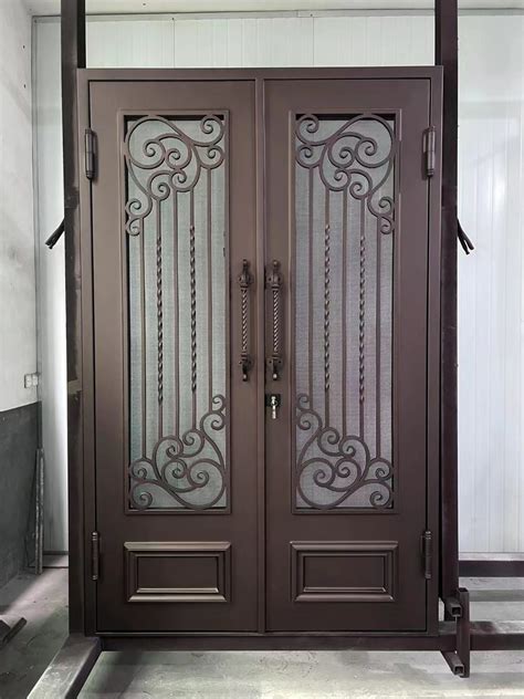 Wrought Iron Door Frame House Main Entrance Dark Brown Steel Door For