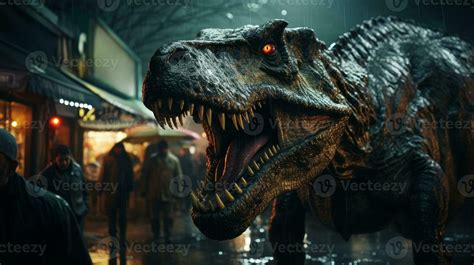 A Lone Tyrannosaurus Rex Stands Tall And Proud In The Pouring Rain Its