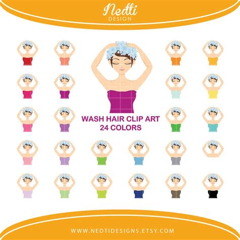 24 Wash Hair Clipart Set Colorful Rainbow Hair Washing Clip