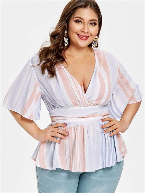 Wipalo Plus Size Plunging Neck Striped Panel Blouse Half Flare Sleeves