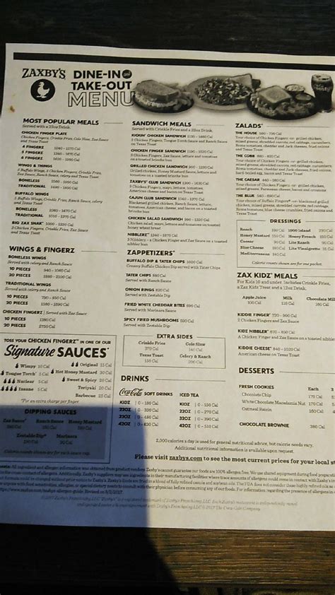 Menu at Zaxby's Chicken Fingers & Buffalo Wings fast food, Greenacres