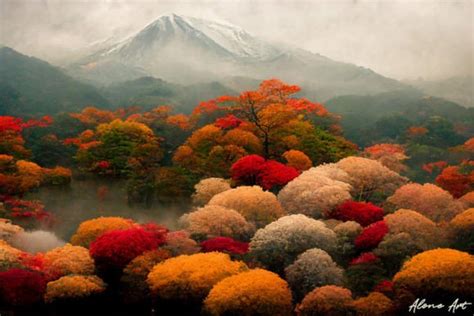 Autumn in Japan Trees Mountain Sky View Graphic by Alone Art · Creative ...