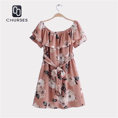 Sweet Ruffles Floral Print A Line Dress Women Off The Shoulder Casual