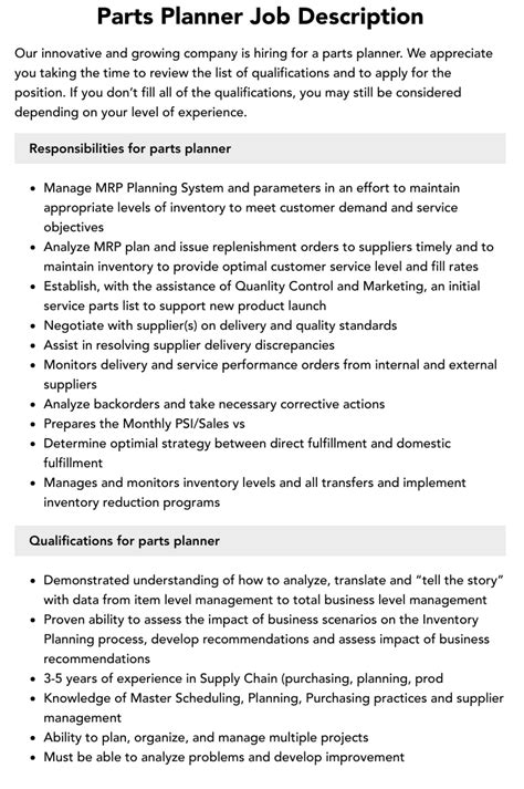 Parts Planner Job Description Velvet Jobs