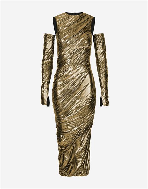 Foiled Organzine Calf Length Dress With Gloves In Gold For Women