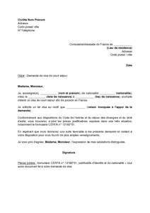 Exemple gratuit de Lettre demande visa court séjour par étranger